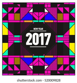 Happy New Year 2017 background. Calendar cover template. Colorful & Modern memphis style background. Greeting card vector illustration.