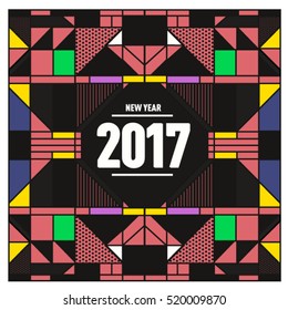 Happy New Year 2017 background. Calendar cover template. Colorful & Modern memphis style background. Greeting card vector illustration.