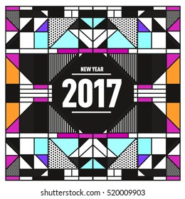 Happy New Year 2017 background. Calendar cover template. Colorful & Modern memphis style background. Greeting card vector illustration.