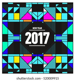 Happy New Year 2017 background. Calendar cover template. Colorful & Modern memphis style background. Greeting card vector illustration.