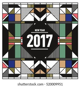 Happy New Year 2017 background. Calendar cover template. Colorful & Modern memphis style background. Greeting card vector illustration.
