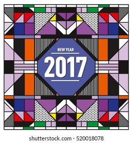 Happy New Year 2017 background. Calendar cover template. Colorful & Modern memphis style background. Greeting card vector illustration.