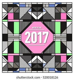 Happy New Year 2017 background. Calendar cover template. Colorful & Modern memphis style background. Greeting card vector illustration.