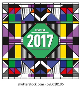 Happy New Year 2017 background. Calendar cover template. Colorful & Modern memphis style background. Greeting card vector illustration.