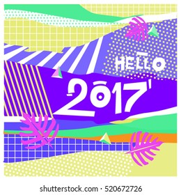 Happy New Year 2017 background. Calendar cover template. Colorful & Modern memphis style background. Hipster greeting card vector illustration.