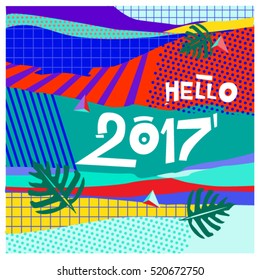 Happy New Year 2017 background. Calendar cover template. Colorful & Modern memphis style background. Hipster greeting card vector illustration.