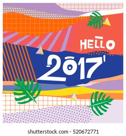 Happy New Year 2017 background. Calendar cover template. Colorful & Modern memphis style background. Hipster greeting card vector illustration.