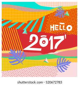 Happy New Year 2017 background. Calendar cover template. Colorful & Modern memphis style background. Hipster greeting card vector illustration.