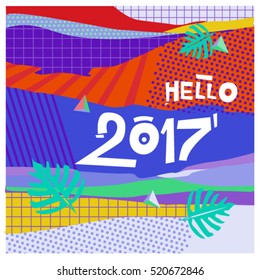 Happy New Year 2017 background. Calendar cover template. Colorful & Modern memphis style background. Hipster greeting card vector illustration.