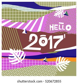 Happy New Year 2017 background. Calendar cover template. Colorful & Modern memphis style background. Hipster greeting card vector illustration.