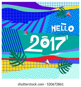 Happy New Year 2017 background. Calendar cover template. Colorful & Modern memphis style background. Hipster greeting card vector illustration.