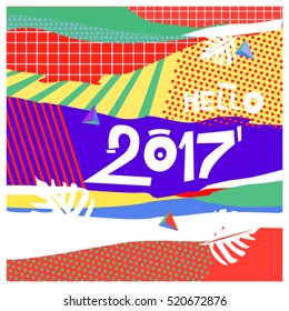 Happy New Year 2017 background. Calendar cover template. Colorful & Modern memphis style background. Hipster greeting card vector illustration.