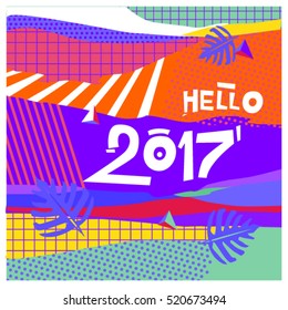 Happy New Year 2017 background. Calendar cover template. Colorful & Modern memphis style background. Hipster greeting card vector illustration.