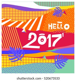 Happy New Year 2017 background. Calendar cover template. Colorful & Modern memphis style background. Hipster greeting card vector illustration.