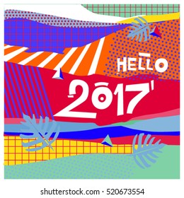Happy New Year 2017 background. Calendar cover template. Colorful & Modern memphis style background. Hipster greeting card vector illustration.