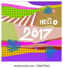 Happy New Year 2017 background. Calendar cover template. Colorful & Modern memphis style background. Hipster greeting card vector illustration.