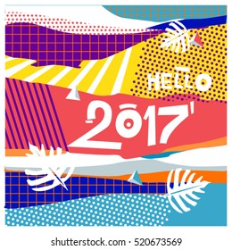 Happy New Year 2017 background. Calendar cover template. Colorful & Modern memphis style background. Hipster greeting card vector illustration.