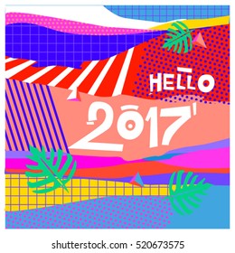 Happy New Year 2017 background. Calendar cover template. Colorful & Modern memphis style background. Hipster greeting card vector illustration.