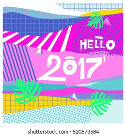 Happy New Year 2017 background. Calendar cover template. Colorful & Modern memphis style background. Hipster greeting card vector illustration.