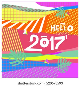 Happy New Year 2017 background. Calendar cover template. Colorful & Modern memphis style background. Hipster greeting card vector illustration.