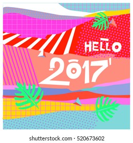 Happy New Year 2017 background. Calendar cover template. Colorful & Modern memphis style background. Hipster greeting card vector illustration.