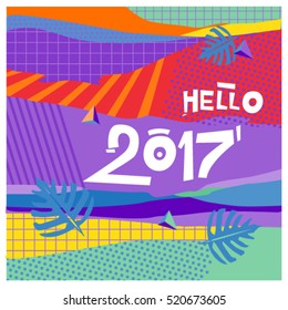 Happy New Year 2017 background. Calendar cover template. Colorful & Modern memphis style background. Hipster greeting card vector illustration.