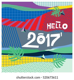 Happy New Year 2017 background. Calendar cover template. Colorful & Modern memphis style background. Hipster greeting card vector illustration.