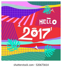 Happy New Year 2017 background. Calendar cover template. Colorful & Modern memphis style background. Hipster greeting card vector illustration.