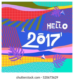 Happy New Year 2017 background. Calendar cover template. Colorful & Modern memphis style background. Hipster greeting card vector illustration.
