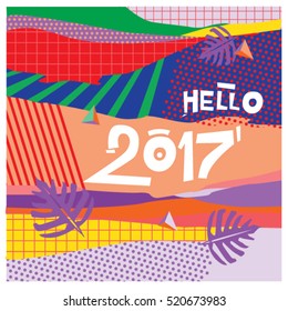 Happy New Year 2017 background. Calendar cover template. Colorful & Modern memphis style background. Hipster greeting card vector illustration.
