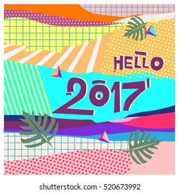 Happy New Year 2017 background. Calendar cover template. Colorful & Modern memphis style background. Hipster greeting card vector illustration.