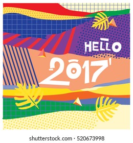 Happy New Year 2017 background. Calendar cover template. Colorful & Modern memphis style background. Hipster greeting card vector illustration.