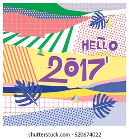 Happy New Year 2017 background. Calendar cover template. Colorful & Modern memphis style background. Hipster greeting card vector illustration.