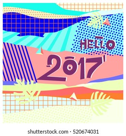 Happy New Year 2017 background. Calendar cover template. Colorful & Modern memphis style background. Hipster greeting card vector illustration.