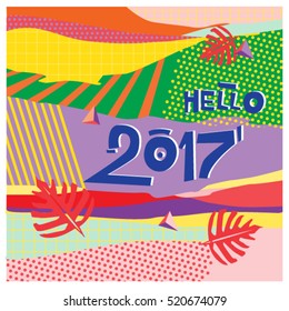 Happy New Year 2017 background. Calendar cover template. Colorful & Modern memphis style background. Hipster greeting card vector illustration.