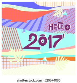 Happy New Year 2017 background. Calendar cover template. Colorful & Modern memphis style background. Hipster greeting card vector illustration.