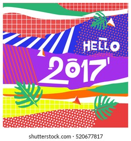 Happy New Year 2017 background. Calendar cover template. Colorful & Modern memphis style background. Hipster greeting card vector illustration.