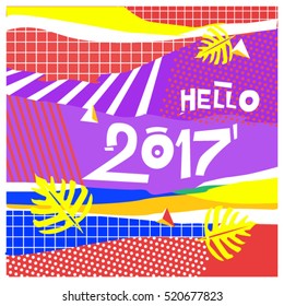 Happy New Year 2017 background. Calendar cover template. Colorful & Modern memphis style background. Hipster greeting card vector illustration.
