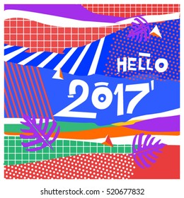 Happy New Year 2017 background. Calendar cover template. Colorful & Modern memphis style background. Hipster greeting card vector illustration.