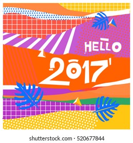 Happy New Year 2017 background. Calendar cover template. Colorful & Modern memphis style background. Hipster greeting card vector illustration.