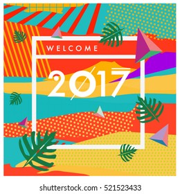 Happy New Year 2017 background. Calendar cover template. Colorful & Modern memphis style background. Greeting card vector illustration.