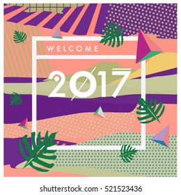 Happy New Year 2017 background. Calendar cover template. Colorful & Modern memphis style background. Greeting card vector illustration.