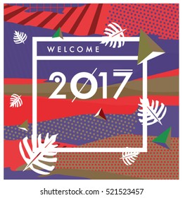 Happy New Year 2017 background. Calendar cover template. Colorful & Modern memphis style background. Greeting card vector illustration.