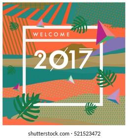 Happy New Year 2017 background. Calendar cover template. Colorful & Modern memphis style background. Greeting card vector illustration.