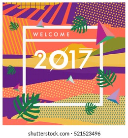 Happy New Year 2017 background. Calendar cover template. Colorful & Modern memphis style background. Greeting card vector illustration.