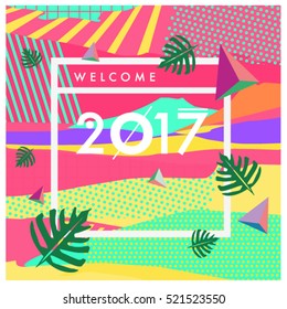 Happy New Year 2017 background. Calendar cover template. Colorful & Modern memphis style background. Greeting card vector illustration.