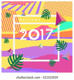 Happy New Year 2017 background. Calendar cover template. Colorful & Modern memphis style background. Greeting card vector illustration.