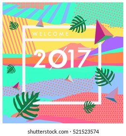 Happy New Year 2017 background. Calendar cover template. Colorful & Modern memphis style background. Greeting card vector illustration.