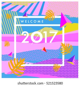 Happy New Year 2017 background. Calendar cover template. Colorful & Modern memphis style background. Greeting card vector illustration.