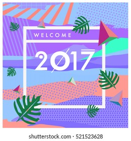 Happy New Year 2017 background. Calendar cover template. Colorful & Modern memphis style background. Greeting card vector illustration.